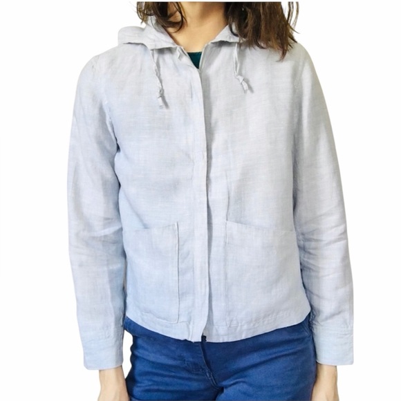 VTG Ice Blue Linen Cropped Zip Up Hoodie Front Pockets Beach Coastal SZ 5/6 XS-M - Picture 5 of 11